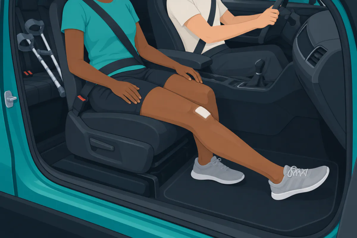 A person in the front passenger seat of a car with one leg stretched out straight, crutches on the back seat and someone else driving.