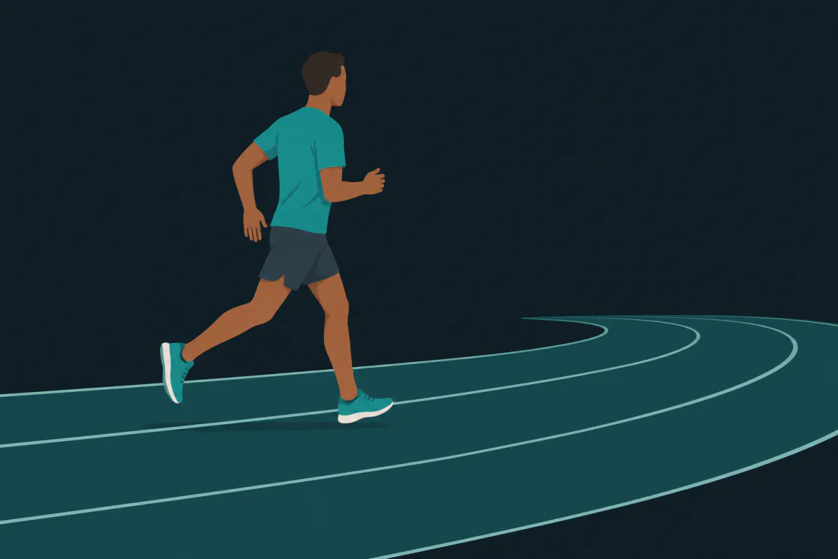 A person jogging at an easy pace along an empty running track in the early morning.