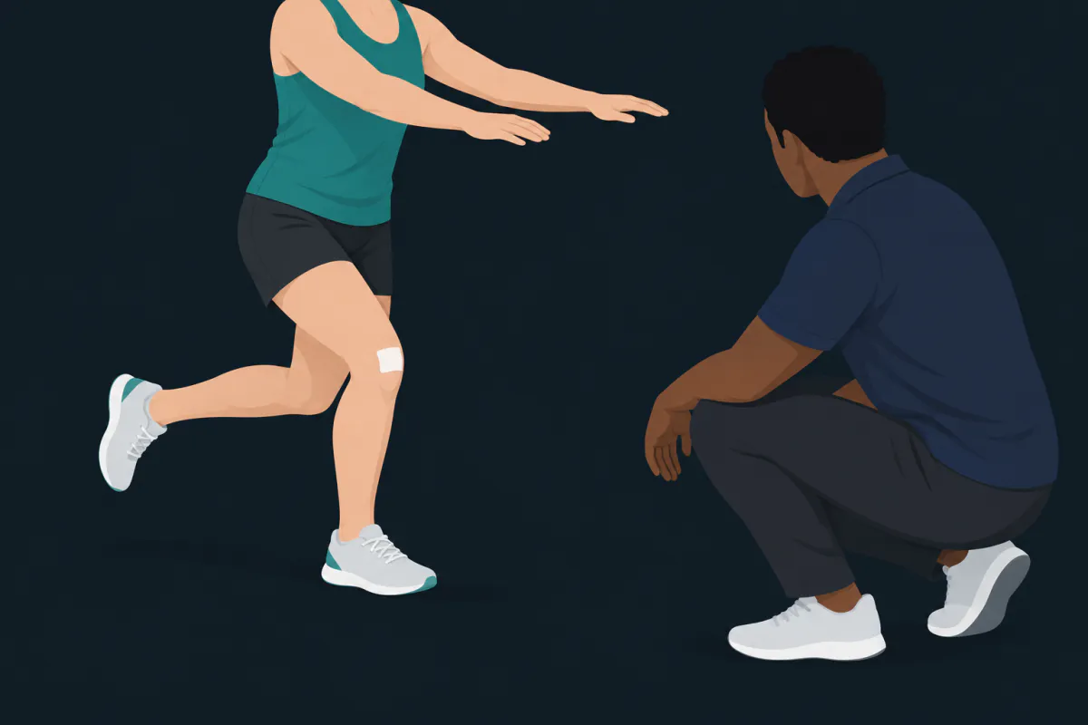 A patient doing a shallow single-leg squat in a clinic while a crouching physiotherapist watches the standing knee.