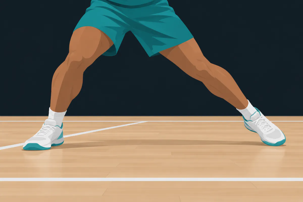 The lower body of a player on a wooden indoor court, one foot planted far out to the side and the knee bent, in the middle of a sideways cut.
