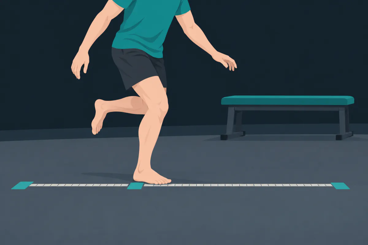 A person in a clinic gym landing on one leg beside a measuring tape laid along the floor, the other foot lifted behind.
